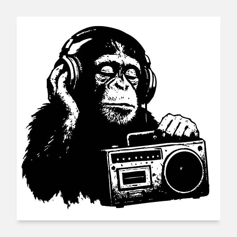 Affe mit Kassettenrekorder Poster 60x60 cm