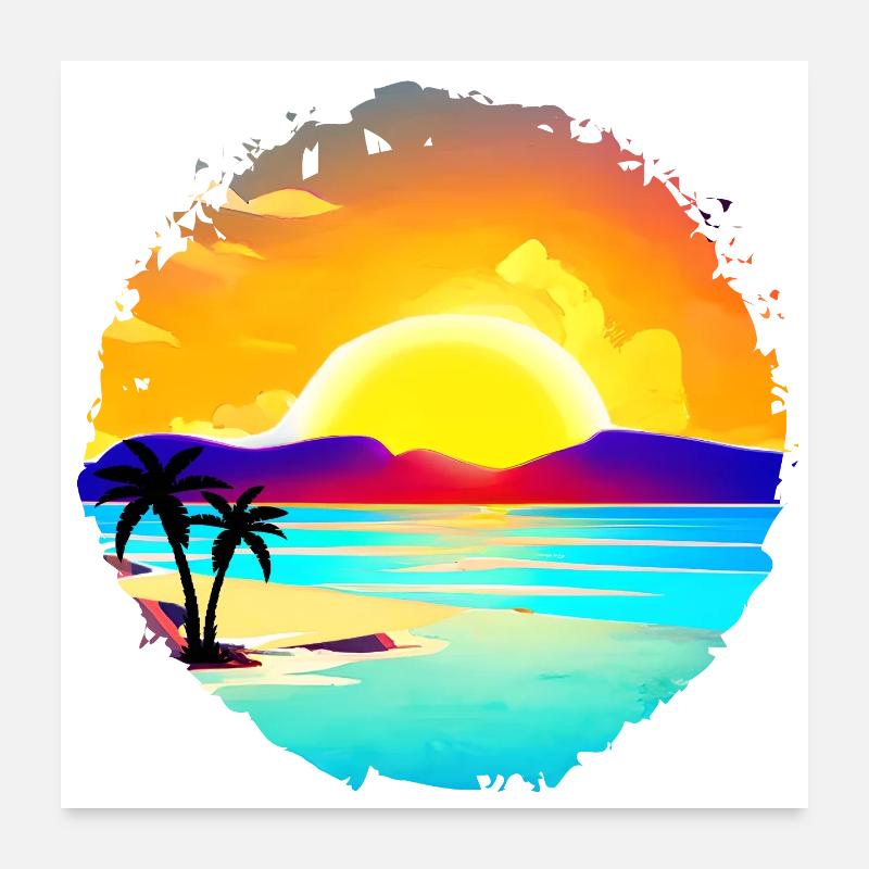 Aquarelle de plage de coucher de soleil d’été Poster 60 x 60 cm