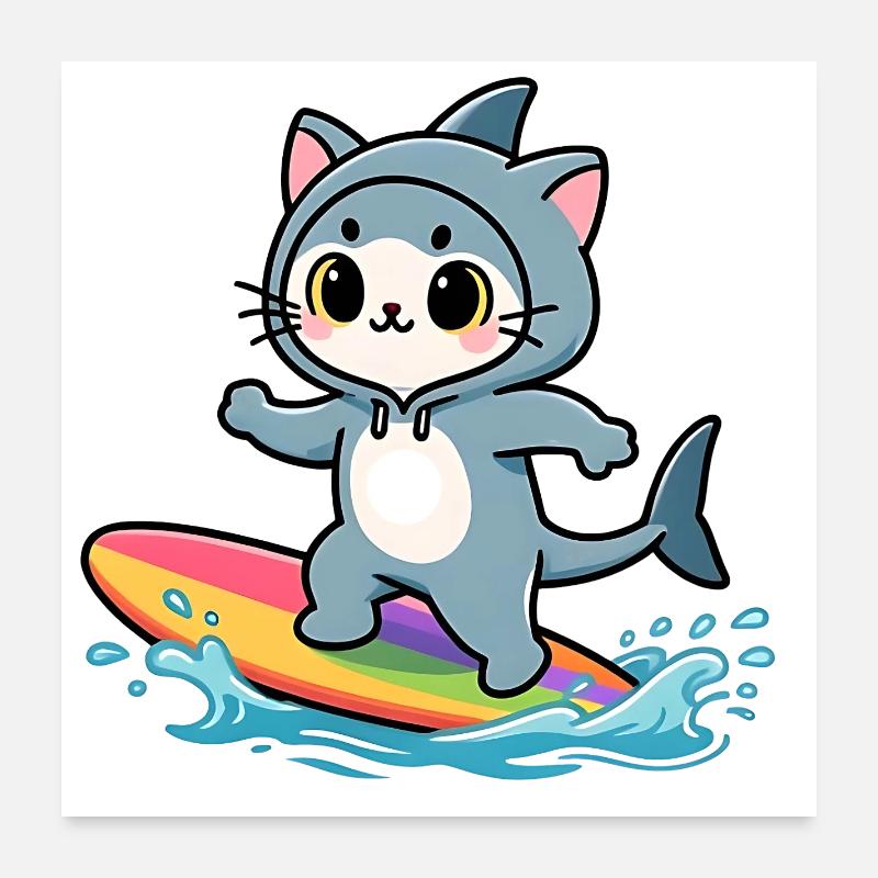 Shark Cat on Rainbow Surfboard Poster 24" x 24" (60x60 cm)
