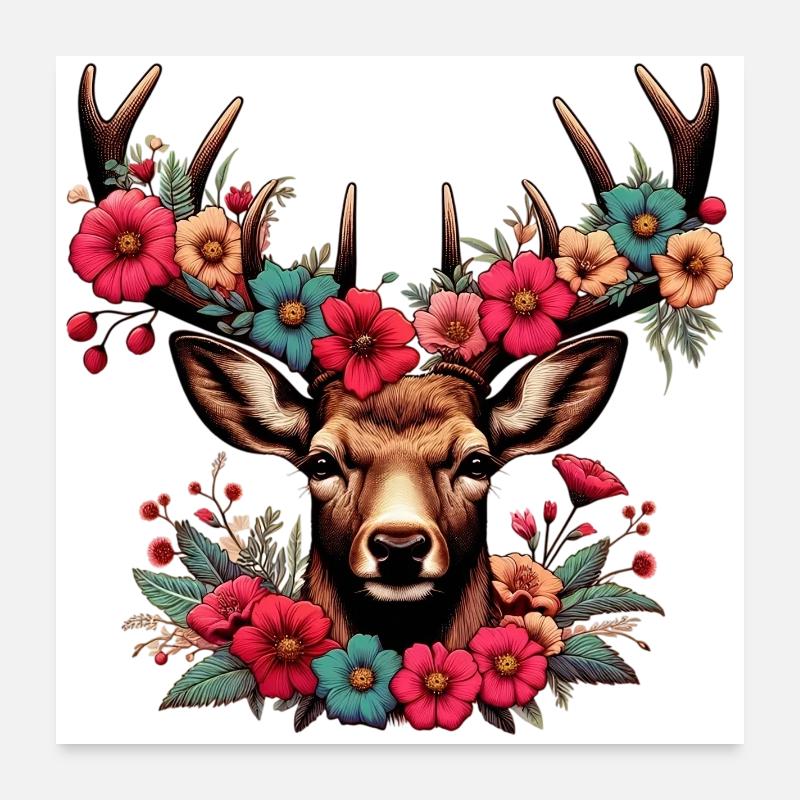 Cerf avec des fleurs Poster 60 x 60 cm