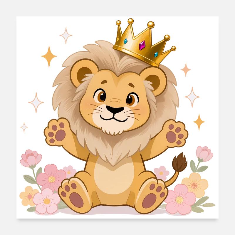 🦁 Lion avec couronne et fleurs Poster 60 x 60 cm