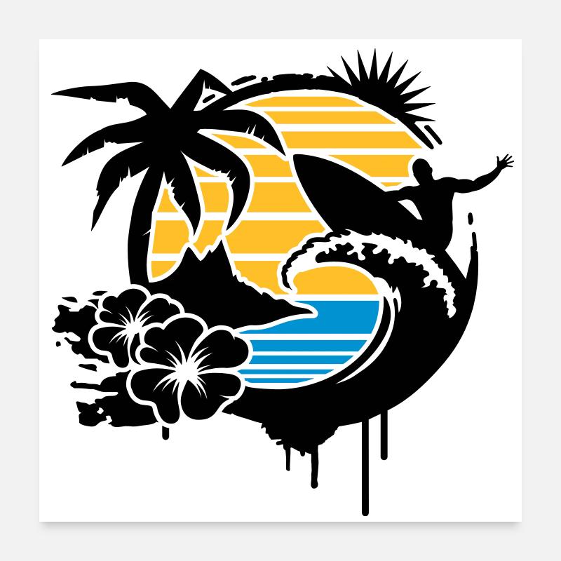 Surfing Graffiti -Palme,Hibiskusblüten,Insel,Welle - Poster 60x60 cm - Weiß
