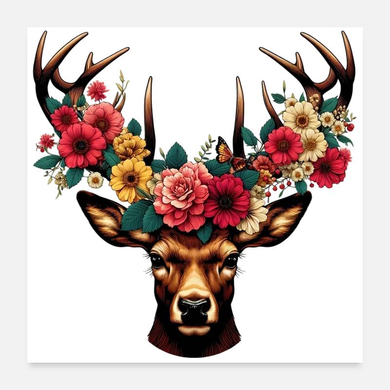 Hirsch mit Blumen Poster 60x60 cm