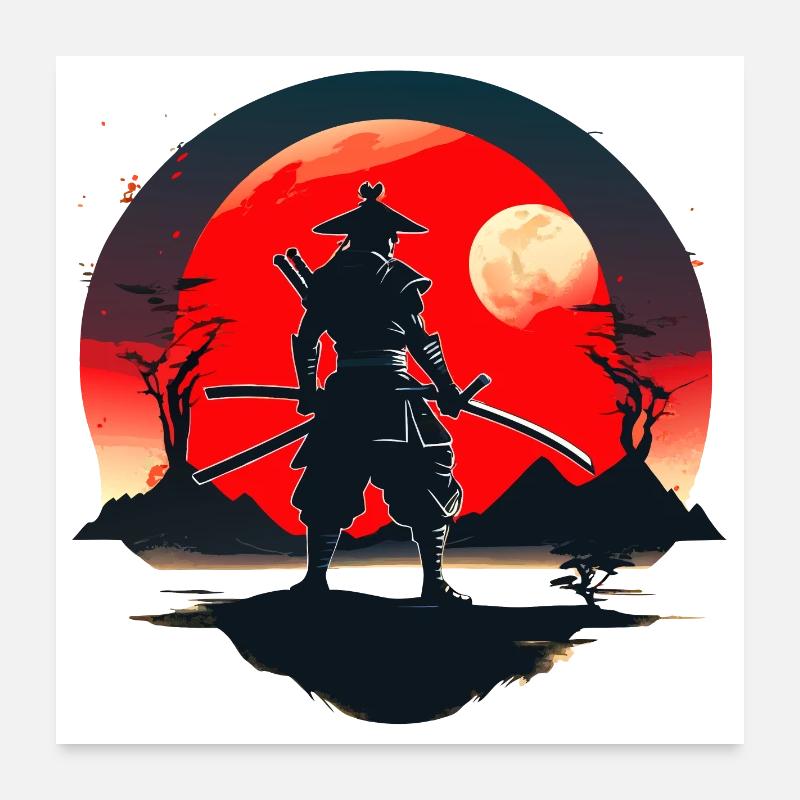 Samurai-Silhouette mit rotem Mondhintergrund Poster 60x60 cm