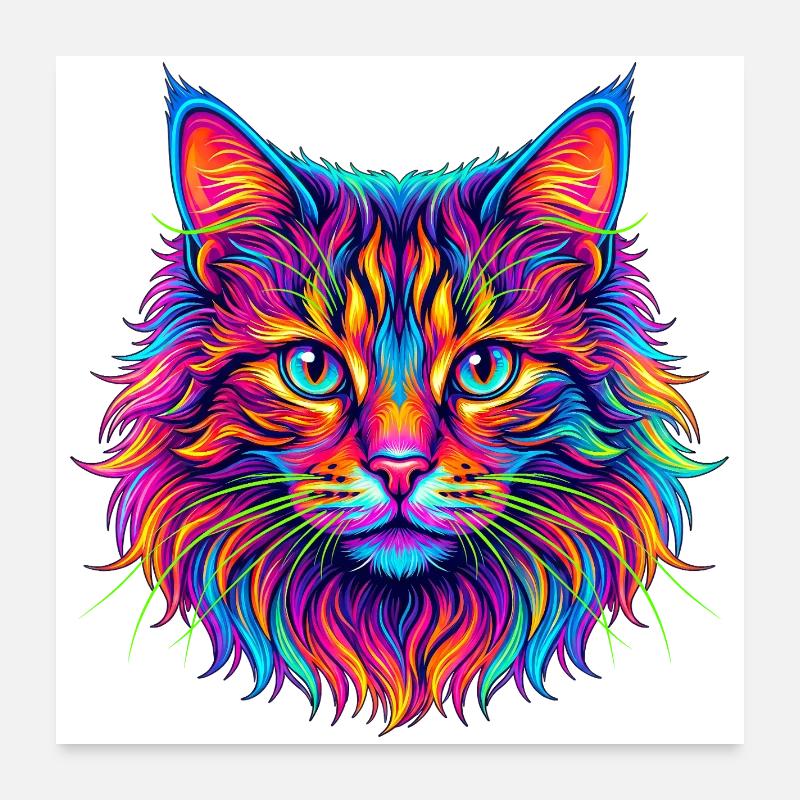 Neon Katzenkopf Farbexplosion Poster 60x60 cm