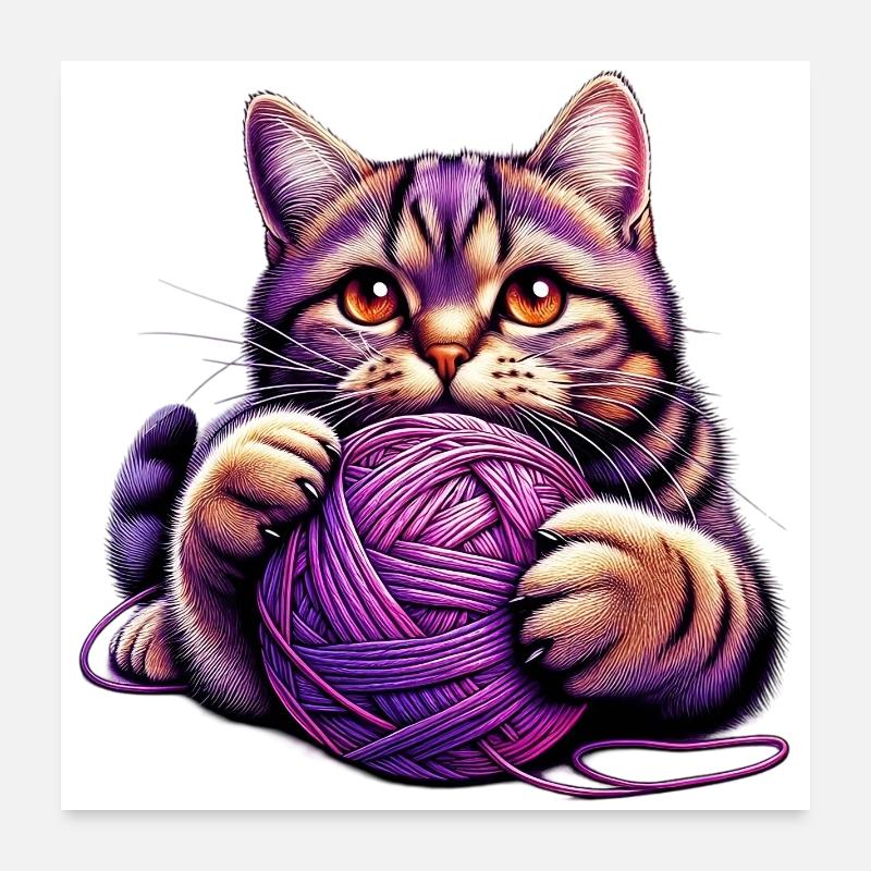 Katze spielt mit einem Wollknäuel - Poster 60x60 cm - Weiß