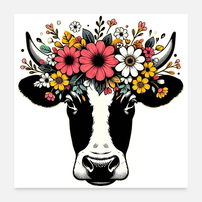 Vache avec des fleurs Poster 60 x 60 cm