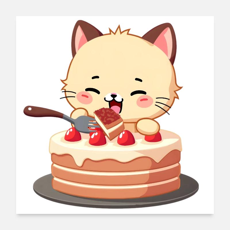 Katze isst Kuchen Poster 60x60 cm