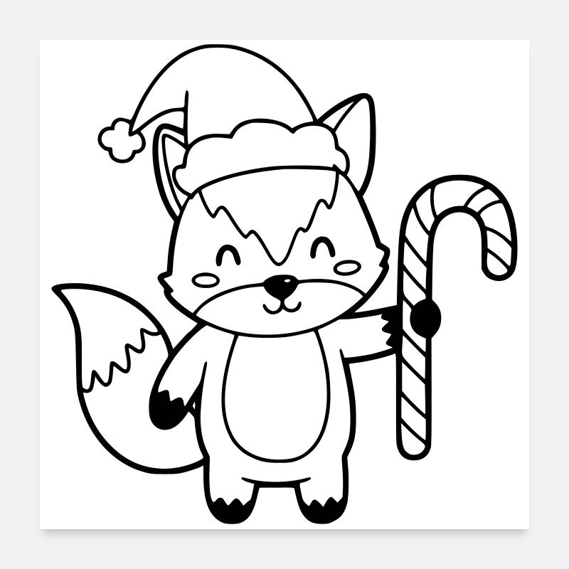 Renard de Noël avec illustration de canne d’orge Poster 60 x 60 cm