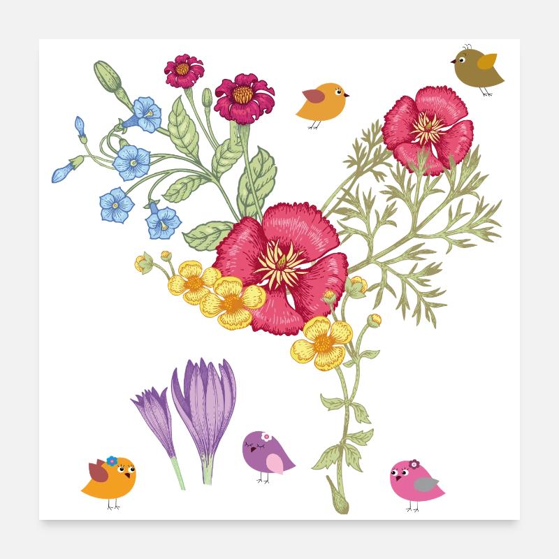 Bouquet de fleurs avec des oiseaux Poster 60 x 60 cm