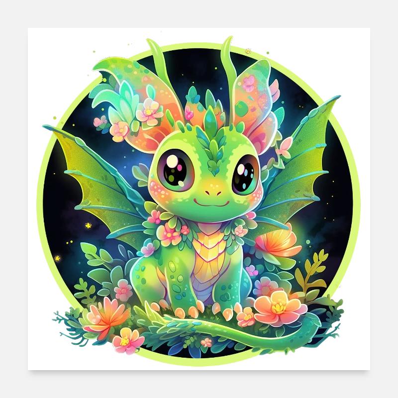 Dragon Vert du Cercle de Fleurs Poster 60 x 60 cm
