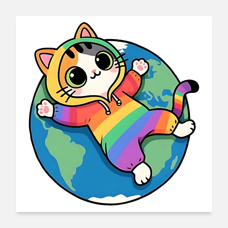 Rainbow cat on planet Earth Poster 24" x 24" (60x60 cm)