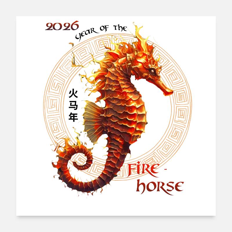 Hippocampe de Feu 2026 – Année de bébé 2026 - Poster 60 x 60 cm - blanc