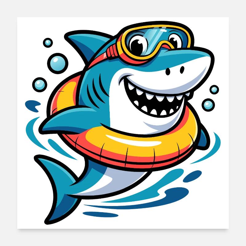 Requin plongeant joyeux avec anneau de nage Poster 60 x 60 cm