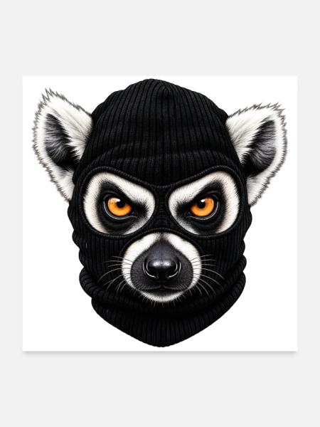 Katta mit Sturmhaube – Frecher Lemur - Poster 60x60 cm - Weiß - Vorne