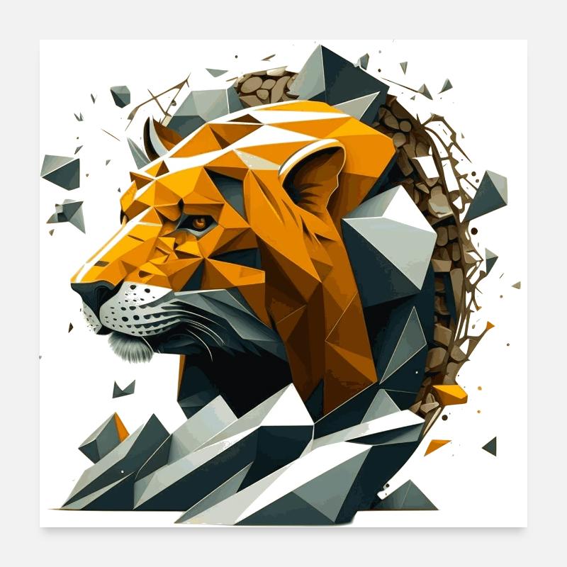3D Vector Löwe Illustration im Polygon Look Poster 60x60 cm