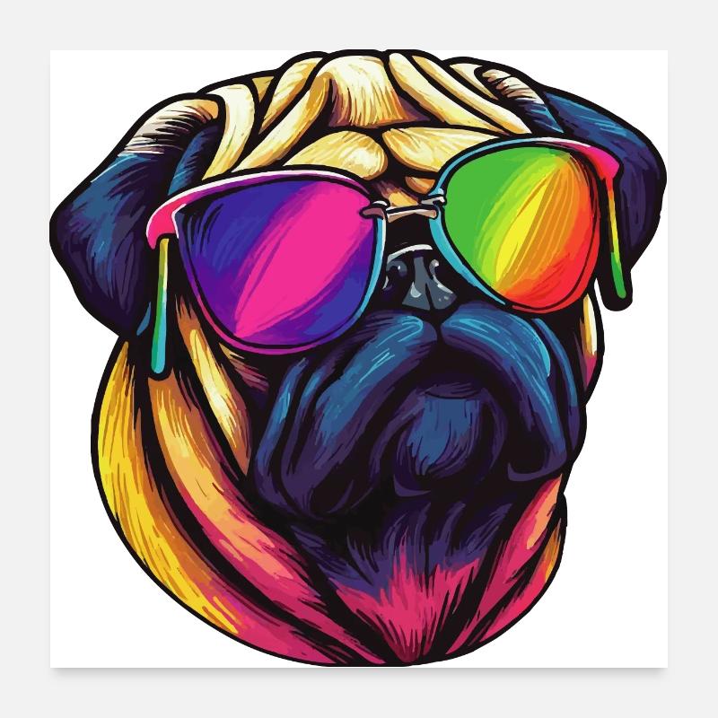 Mops Hund mit bunter Sonnenbrille Poster 60x60 cm