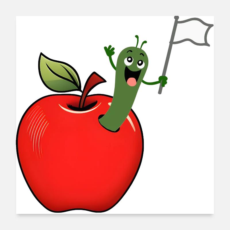 Apple with worm and white banner Poster 24" x 24" (60x60 cm)