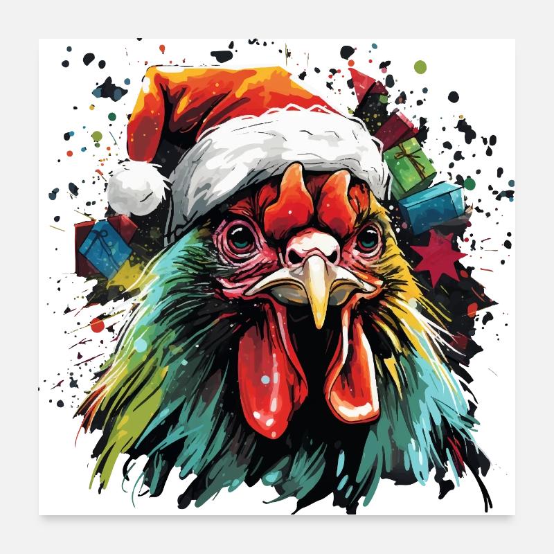 Conception paysanne avec coq et chapeau de père Noël Poster 60 x 60 cm