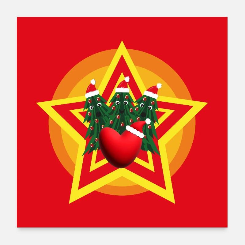 Lustige Weihnachtsbäume mit Herz und Stern. Poster 60x60 cm