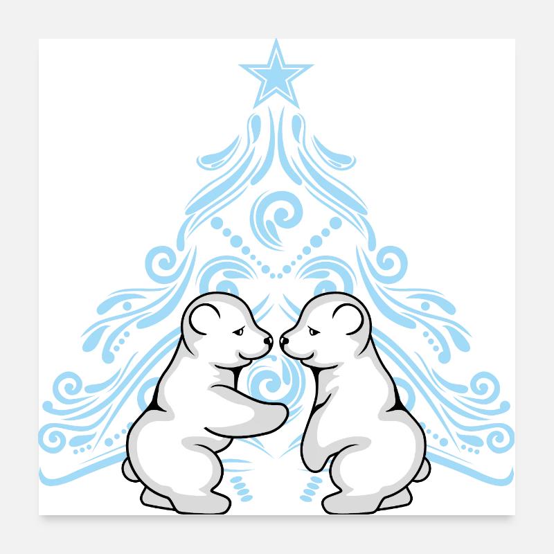 Zwei Eisbärenbabys umarmen sich in der Nähe eines Weihnachtsbaums Poster 60x60 cm