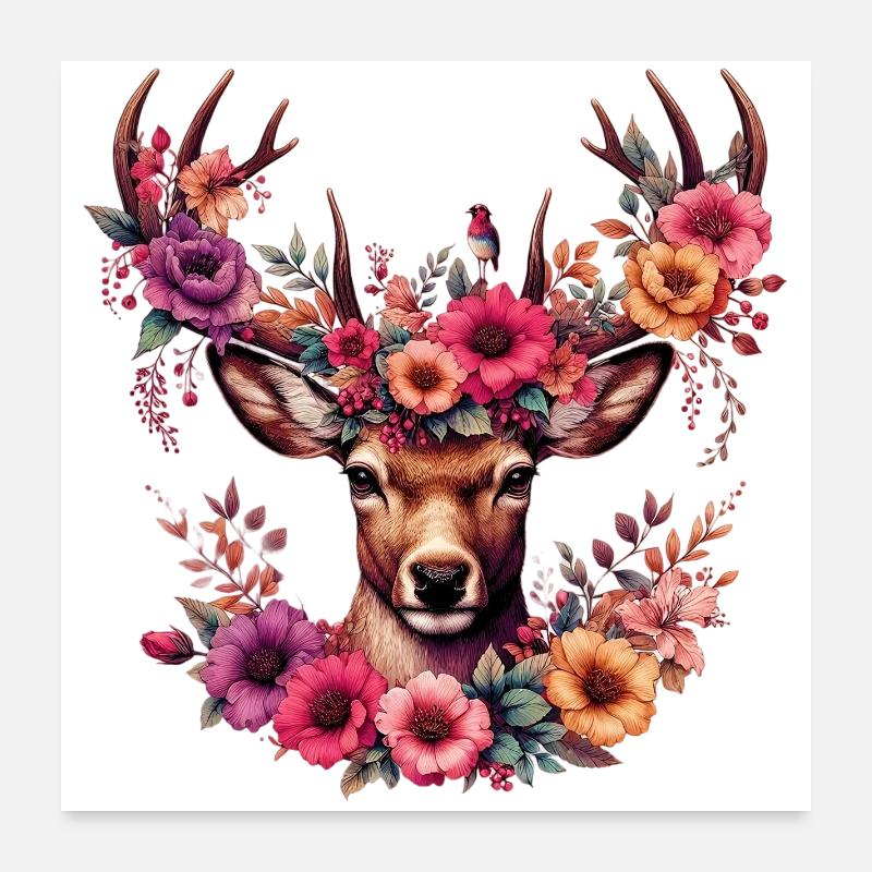 Deer with Flowers Poster 24" x 24" (60x60 cm)
