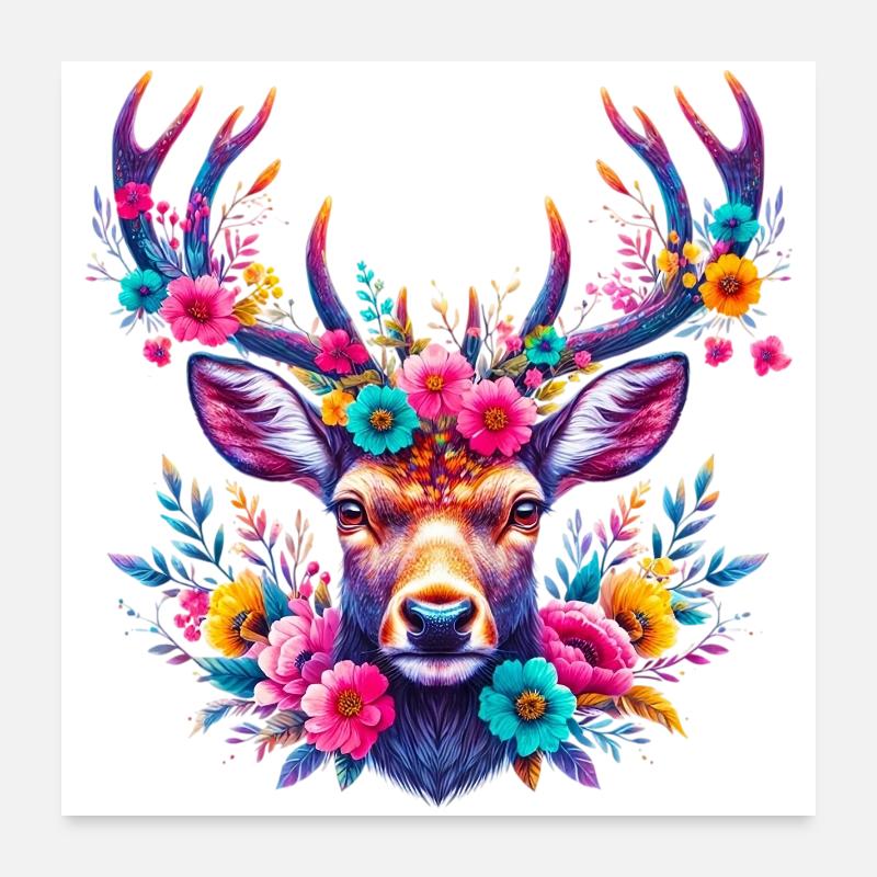 Hirsch mit Blumen geschmückt Poster 60x60 cm