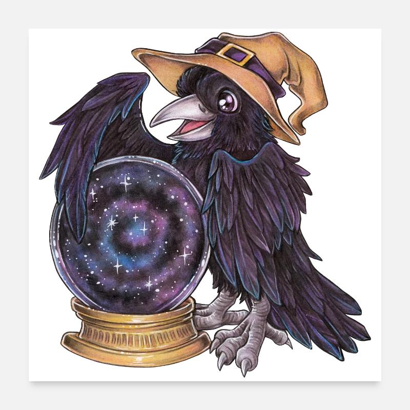 Mignonne Sorcière Corbeau avec Diseuse de Bonne Aventure en Boule de Cristal Poster 60 x 60 cm