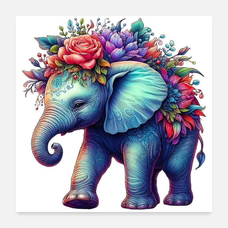 Éléphant avec des fleurs Poster 60 x 60 cm