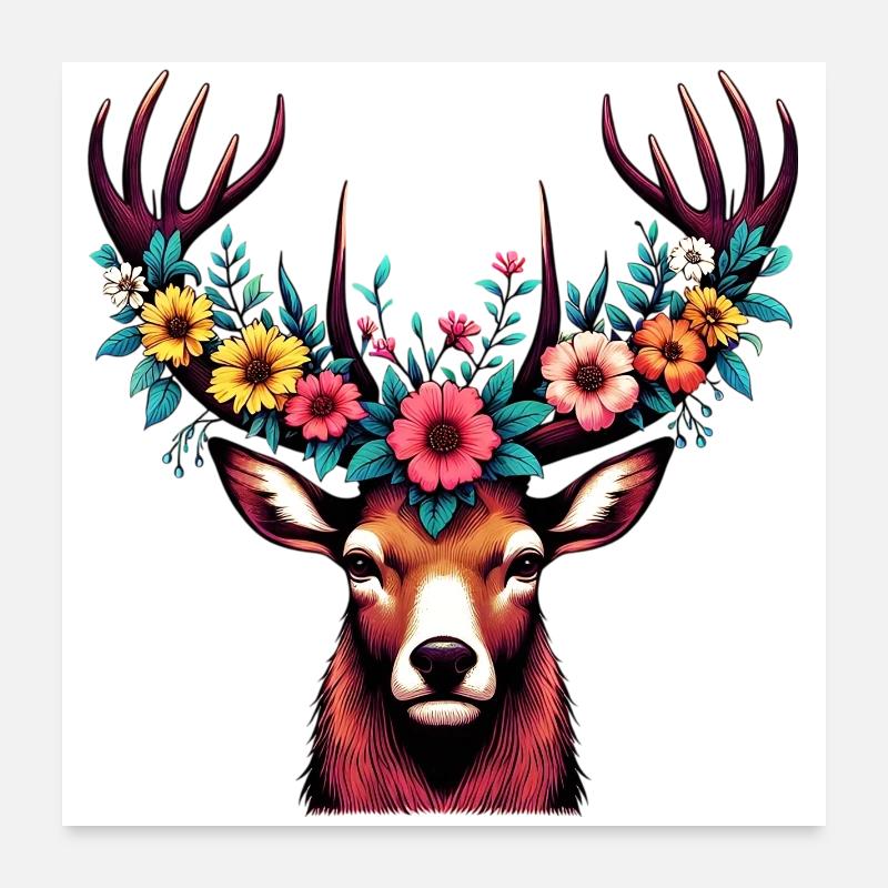 Cerf avec des fleurs Poster 60 x 60 cm
