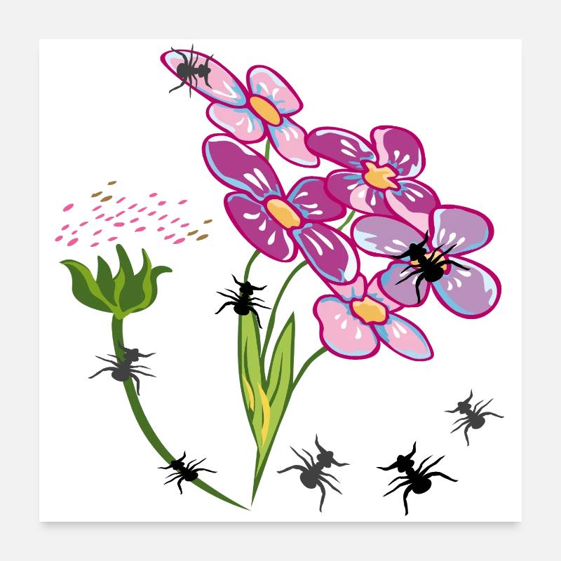 Fleurs avec des fourmis insectes Poster 60 x 60 cm