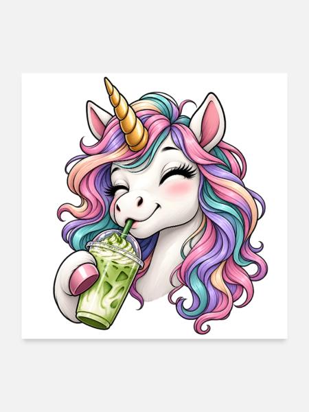 Einhorn mit Matcha Latte - Poster 60x60 cm - Weiß - Vorne
