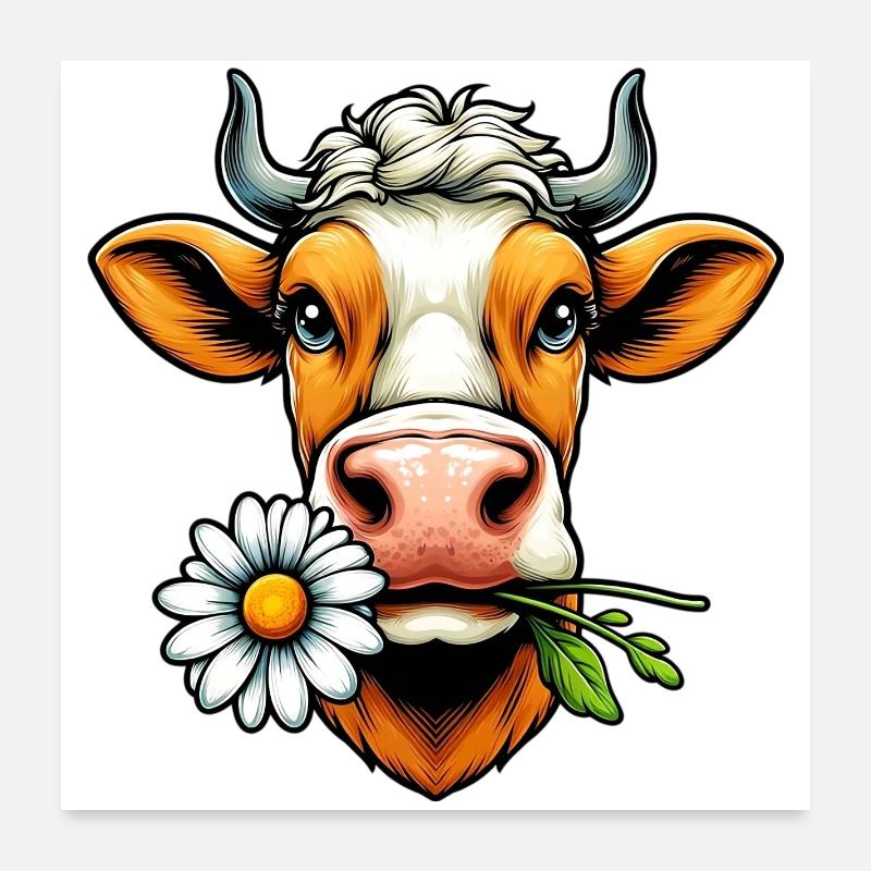 Kuh mit einer Gänseblümchenblume im Maul Blumen Poster 60x60 cm