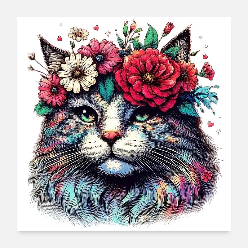 Chat avec des fleurs Poster 60 x 60 cm