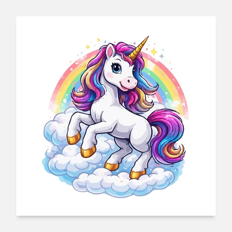 Regenbogen-Einhorn über Wolken - Poster 60x60 cm - Weiß