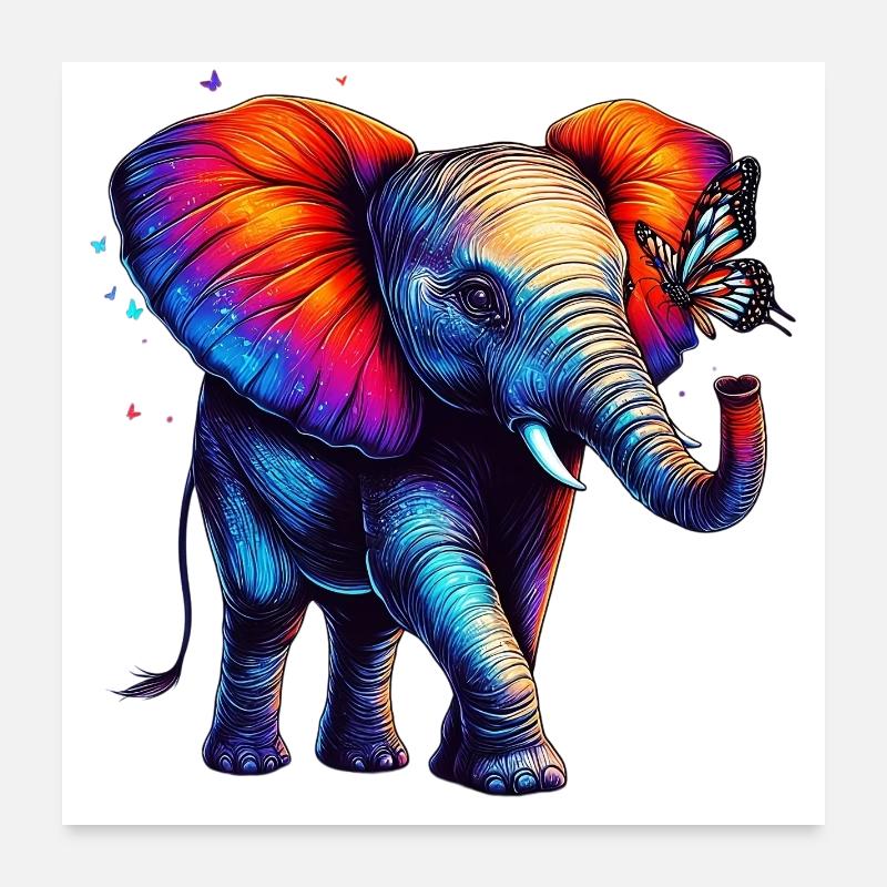 Éléphant et papillon Poster 60 x 60 cm