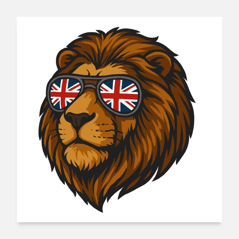 Löwe mit der britischen Flagge in Brille Poster 60x60 cm