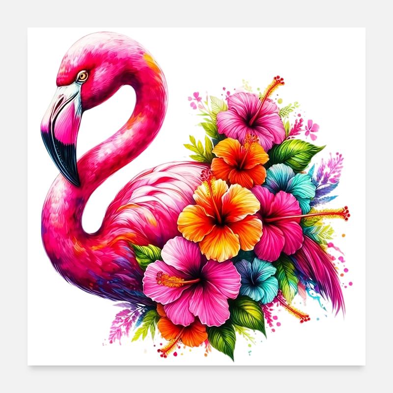 Flamant rose décoré de fleurs d’hibiscus Poster 60 x 60 cm