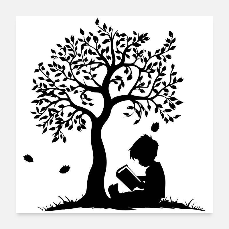 Kind liest unter Baum Poster 60x60 cm