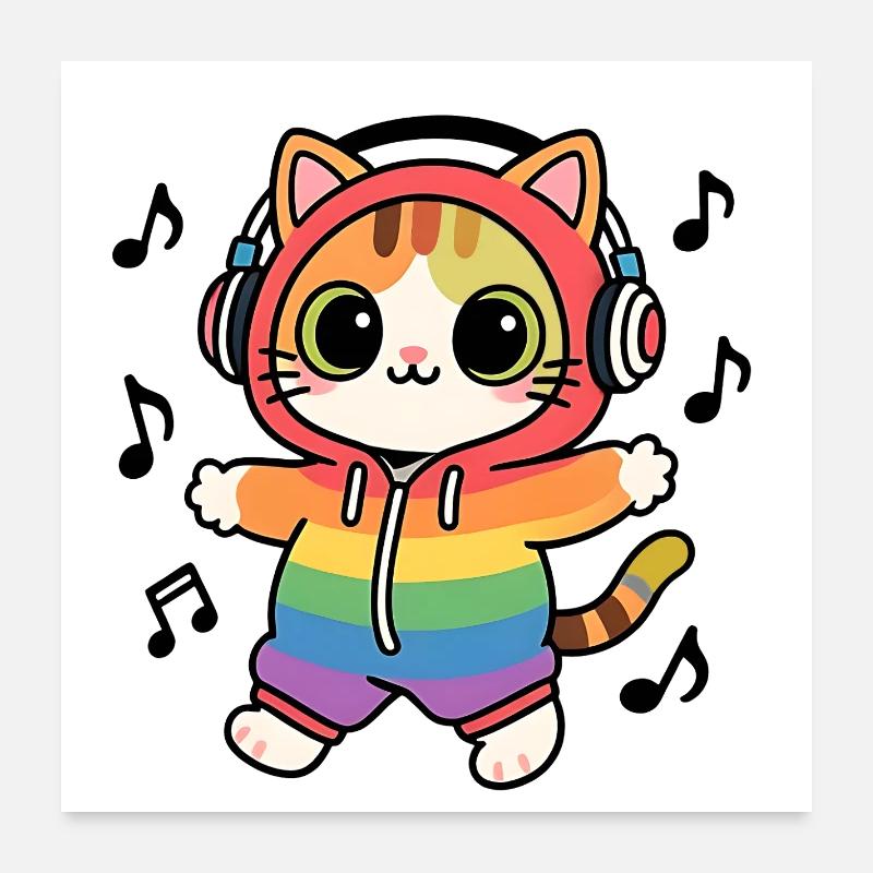 Chat arc en ciel DJ hoodie notes de musique Poster 60 x 60 cm
