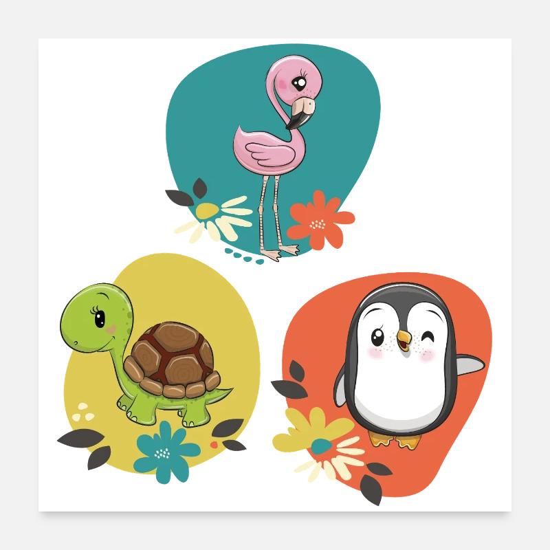 Flamingo Schildkröte Pinguin  Poster 60x60 cm