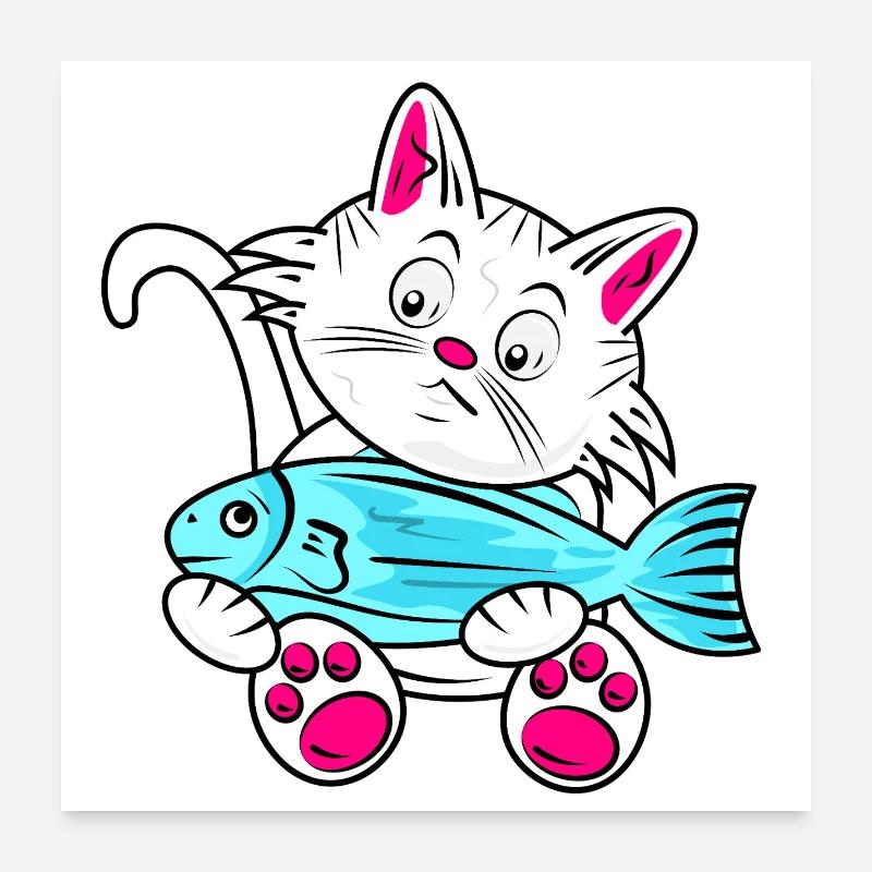 Small Cat and Blue Fish Poster 24" x 24" (60x60 cm)