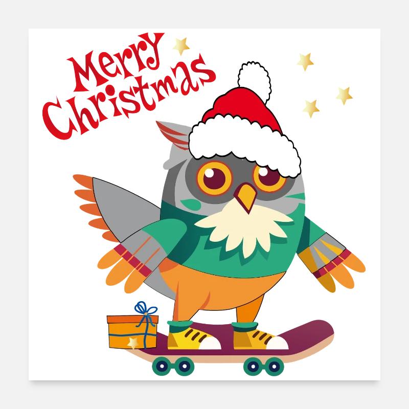 Christmas Owl on Skateboard Poster 24" x 24" (60x60 cm)