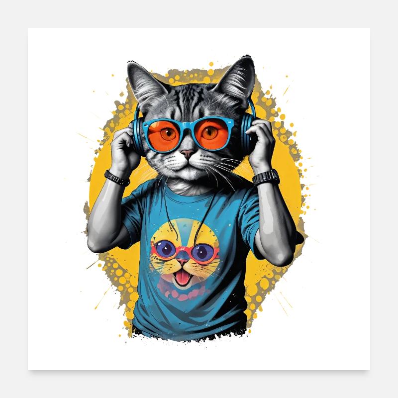 Neon Cat DJ Vibe Tee - Poster 24" x 24" (60x60 cm) - white