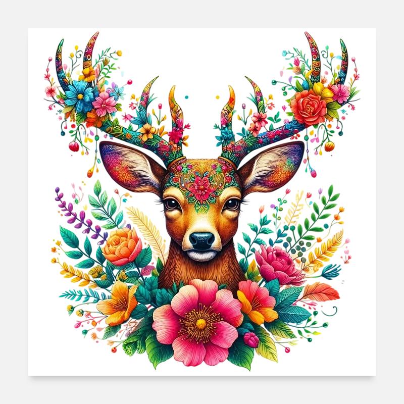 Cerf décoré de fleurs Poster 60 x 60 cm