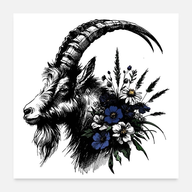 Steinbock Blumen Alpen Berge Illustration Poster 60x60 cm