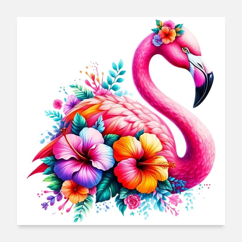 Flamingo decorated with hibiscus flowers Poster 24" x 24" (60x60 cm)