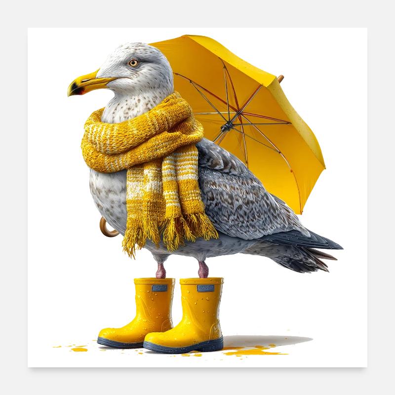 Seemöwe mit Gelbem Regenschirm und Boots - Poster 60x60 cm - Weiß