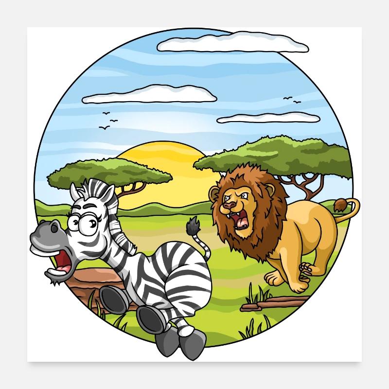 Zebra läuft vor Löwen davon Savanne Afrika Poster 60x60 cm