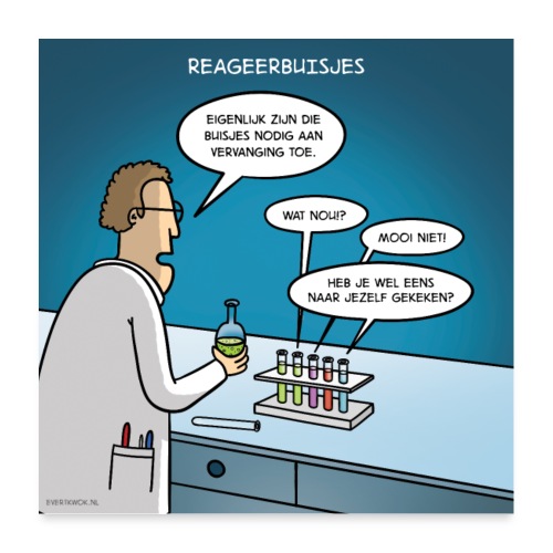 Evert Kwok cartoon 'Reageerbuisjes' - Poster 60x60 cm